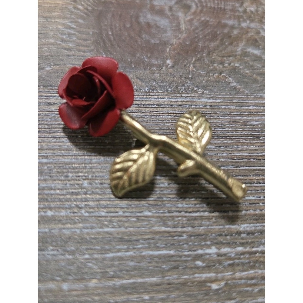 Gold Tone & Red Rose Brooch Floral Metal Pin Vintage Design